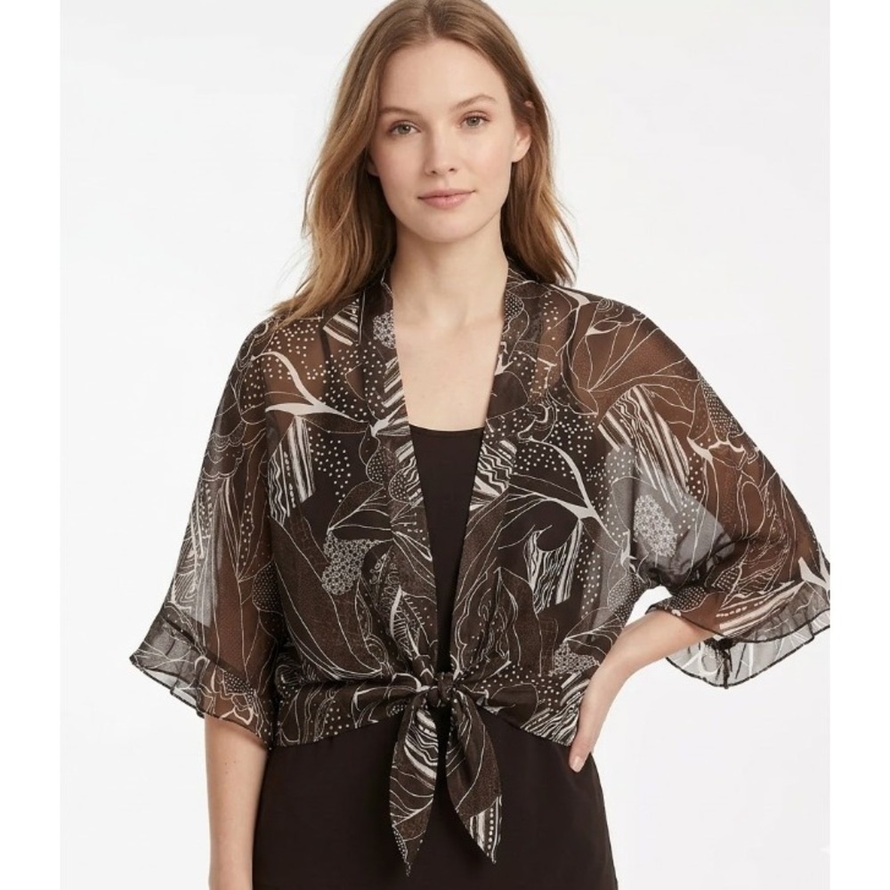 Chico's Brown White Abstract Print Tie Front 100% Silk Lightweight Top Large/2